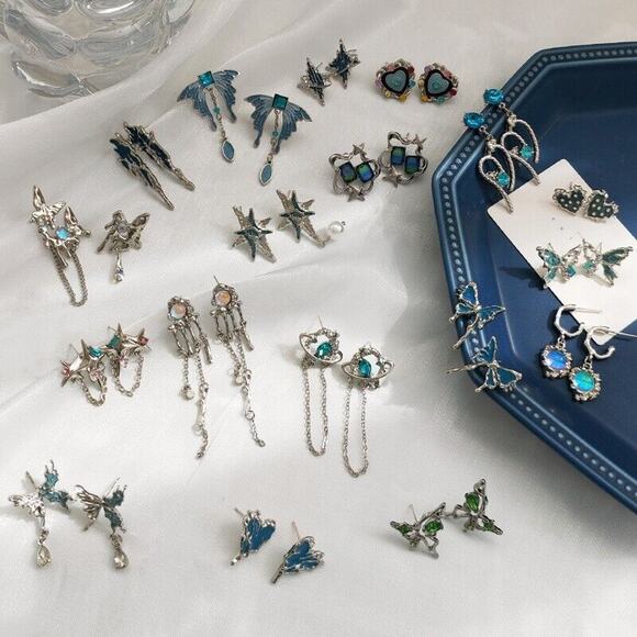 Turquoise Silver Rhinestone Chain Dangly Earrings Boho Retro Festive Goth Artsy - Picture 2 of 4